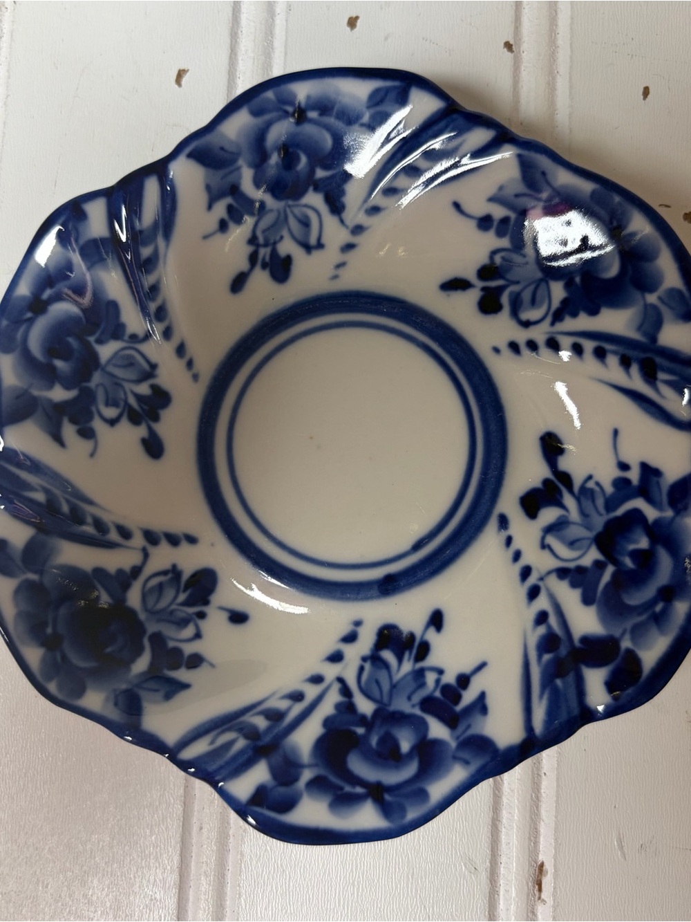 Vintage Russian Gzhel Porcelain Teacup and Saucer | Blue +White Floral - Picture 8 of 10